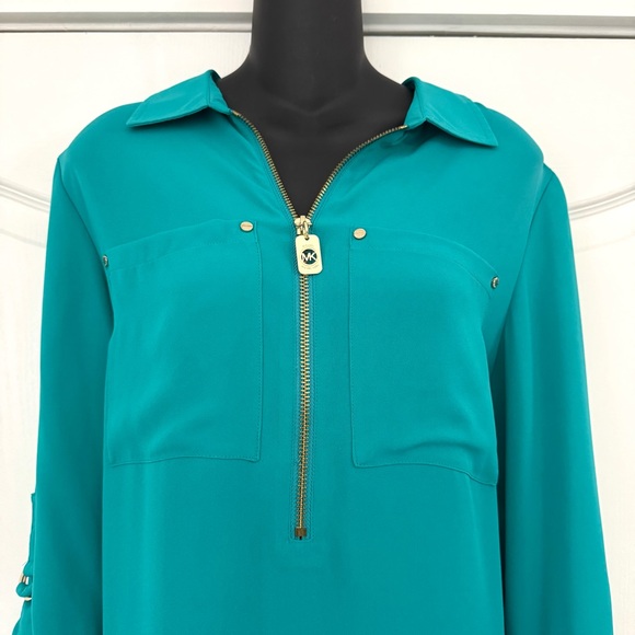 Michael Kors Teal Blue Green Zip Blouse Gold Detail Size Large - Picture 3 of 7